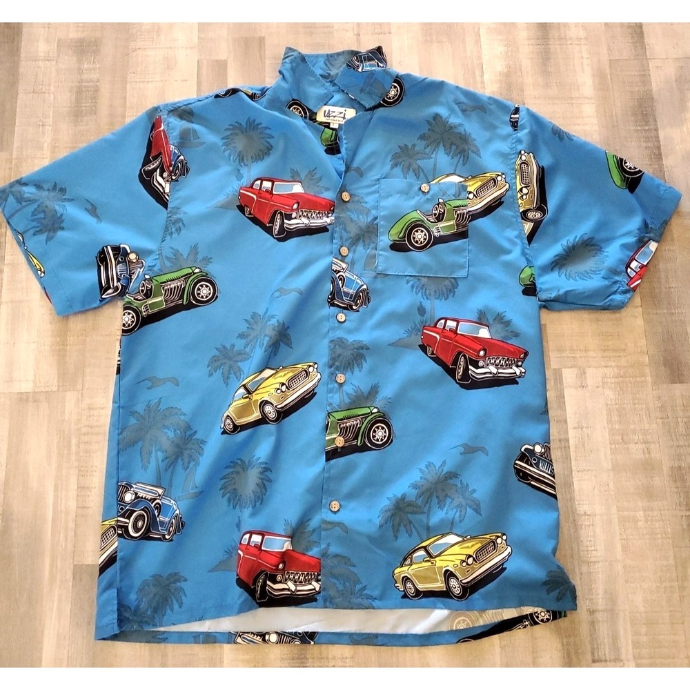 UZZI‎ Amphibious Gear Vintage Hawaiian Button Up Mens L Blue 90s Retro Cars